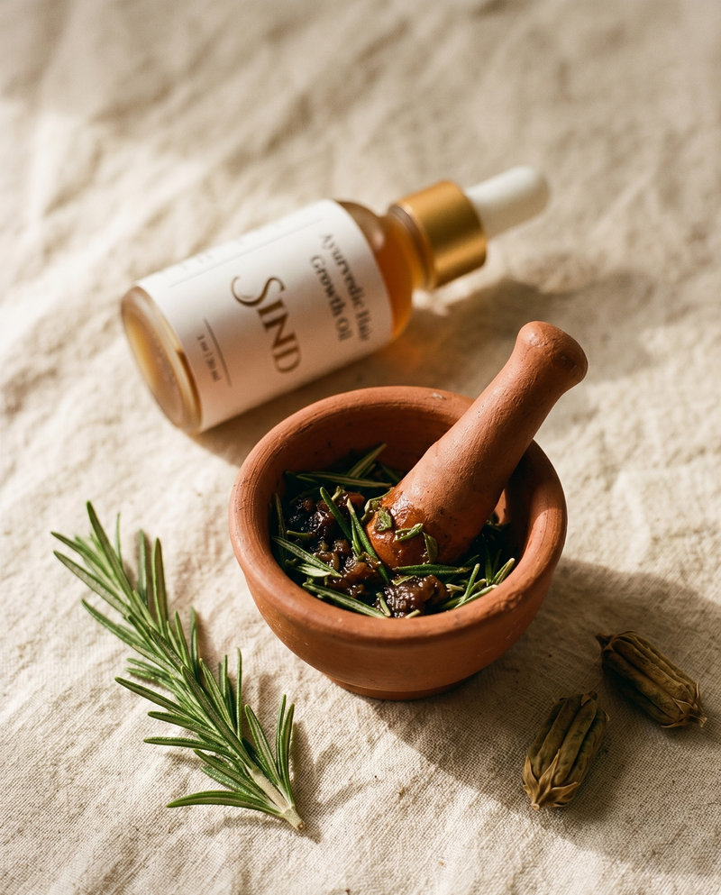 Terracotta mortar with rosemary and amla beside the Sind Hair Growth Oil bottle on cream linen