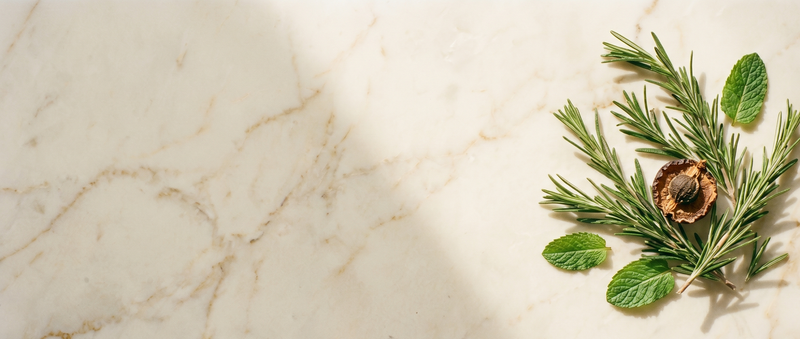 Fresh rosemary, peppermint, and halved amla arranged on warm cream Italian marble