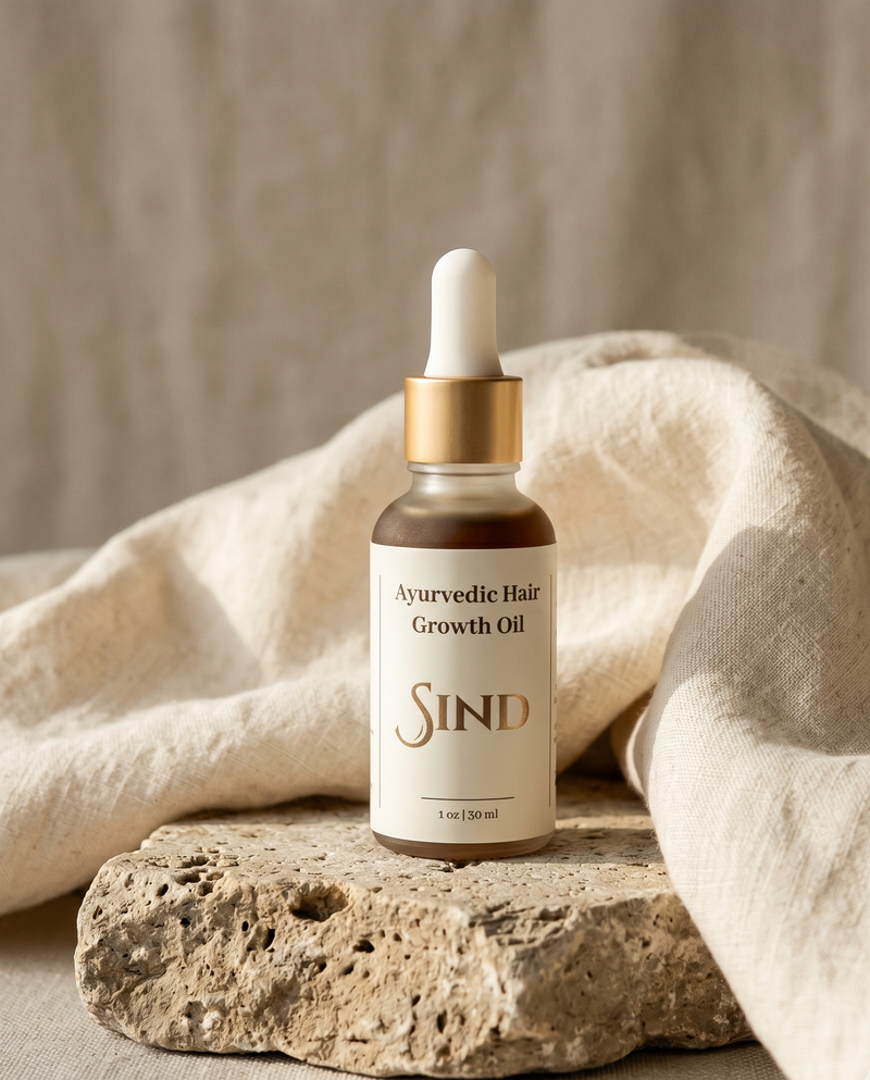 Sind Hair Growth Oil bottle on weathered limestone with cream linen drape