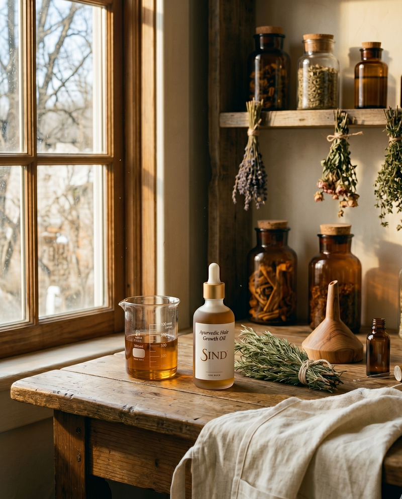 Apothecary workshop bench with Sind Hair Growth Oil bottle, glass beaker of amber oil, dried rosemary, wooden funnel, and draped cream linen apron