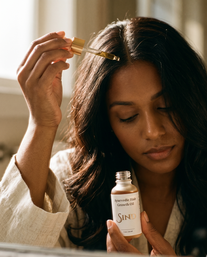 Brown-skinned woman applying Sind Ayurvedic Hair Growth Oil with a glass dropper