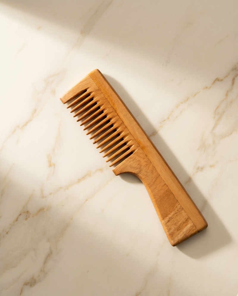 Sandalwood hair comb laid on warm cream Italian marble