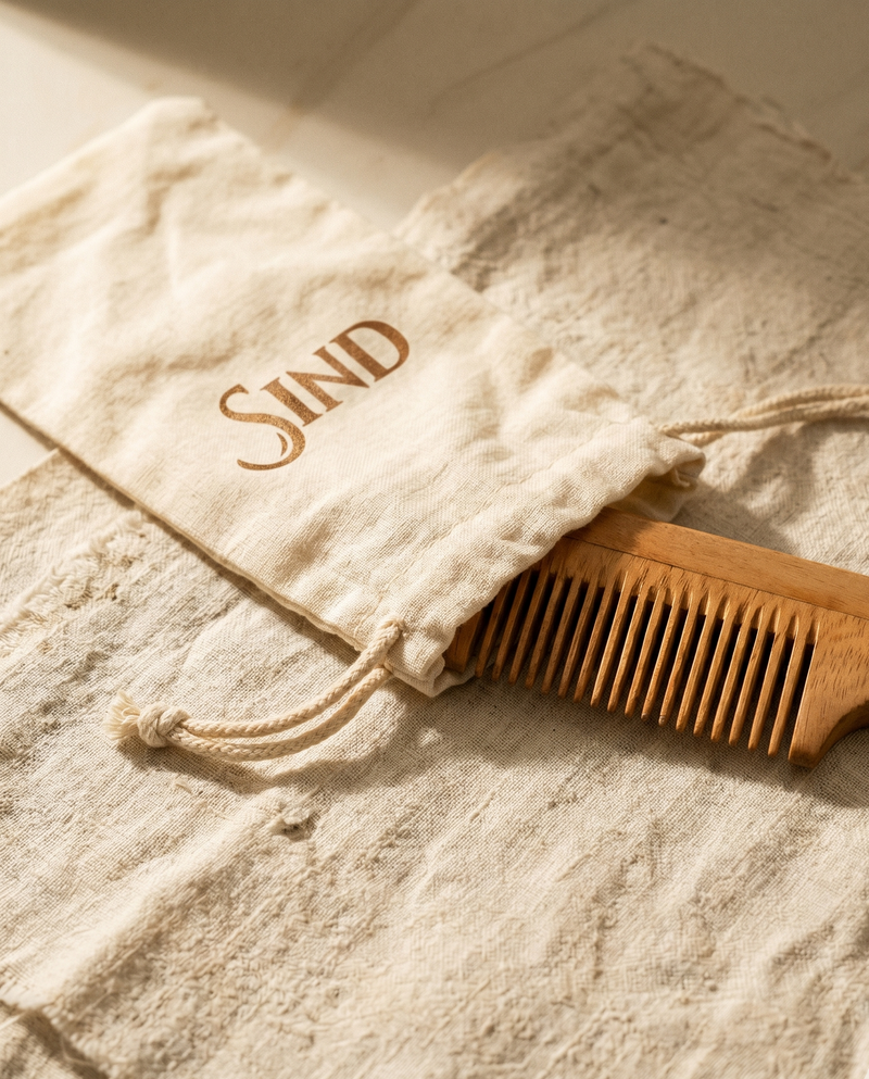 Sandalwood hair comb half-emerged from cream linen drawstring pouch with SIND wordmark