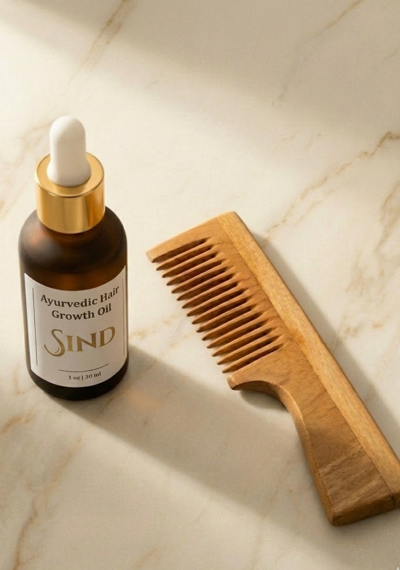 Sandalwood hair comb paired with Sind Ayurvedic Hair Growth Oil bottle on warm cream marble