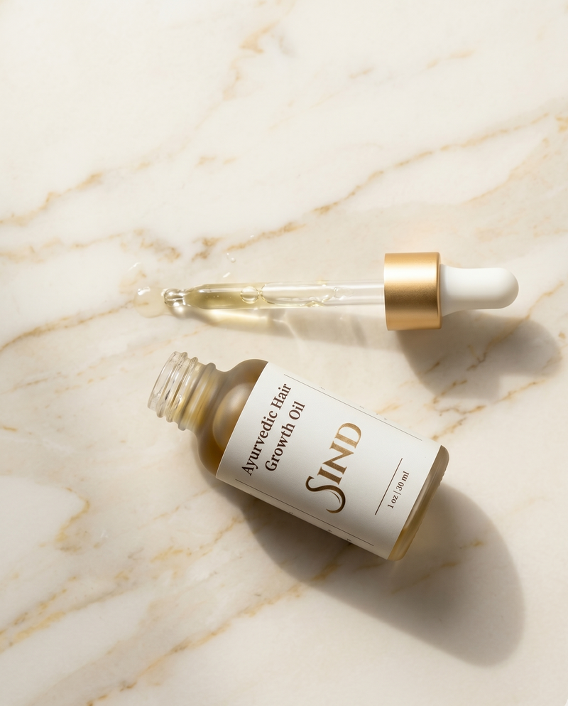 Sind Hair Growth Oil bottle on cream marble with dropper releasing oil