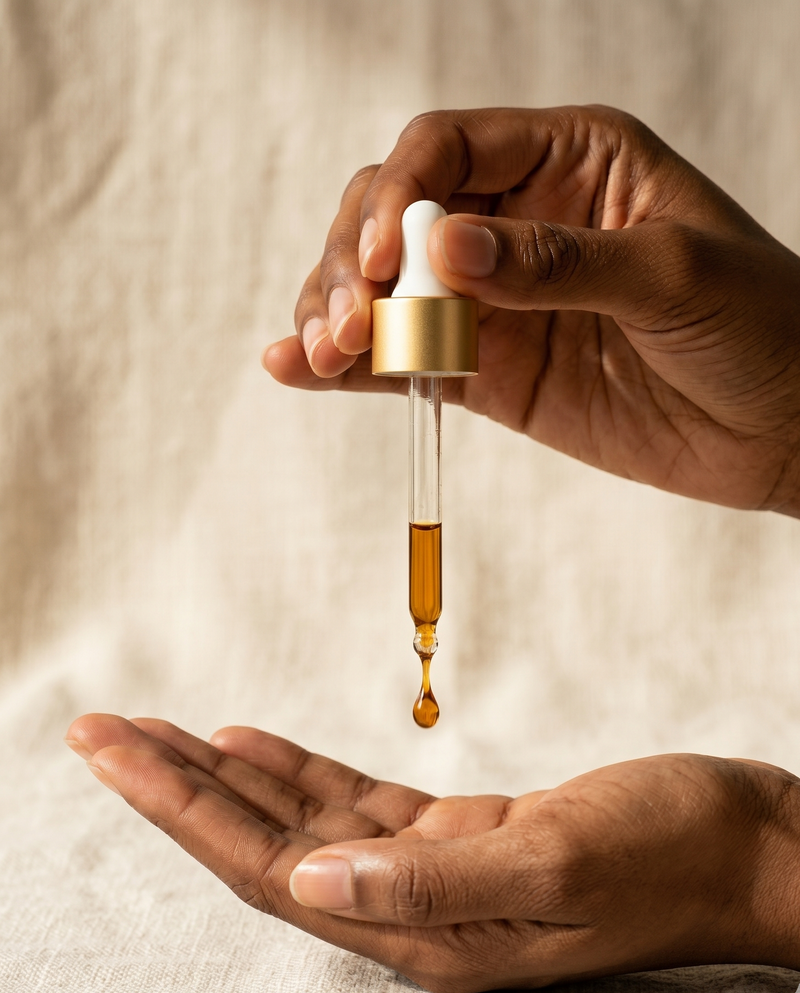 Brown-skinned hands with Sind glass dropper releasing oil drop