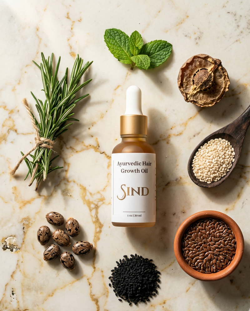 Sind Hair Growth Oil bottle with seven oil ingredients arranged on cream marble
